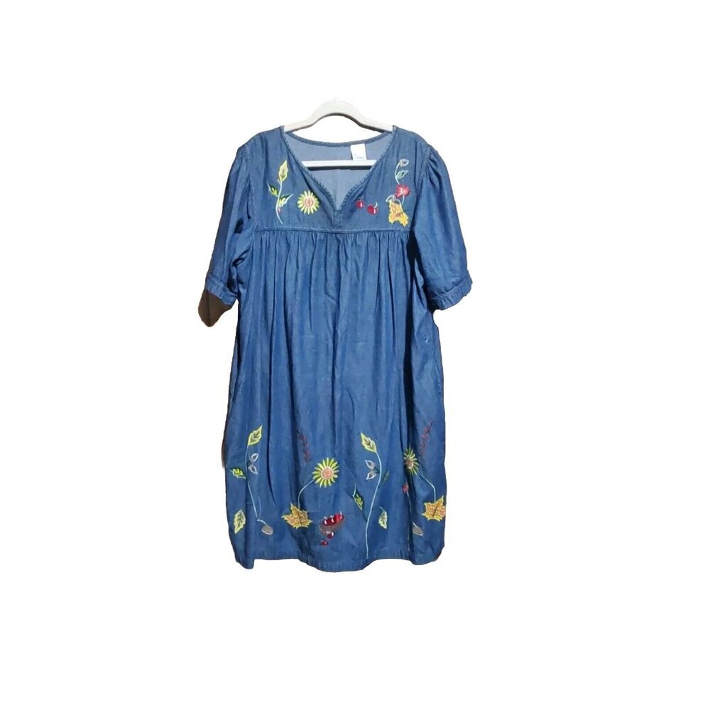VTG NATIONAL MUMU DRESS 2X Embroidered  MIDI Boho 100% Cotton denim Grannycore